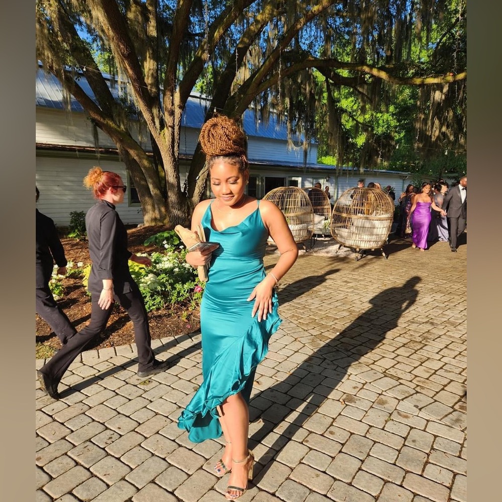 Satin Cowl Neck Ruffle Maxi Dress - Emerald